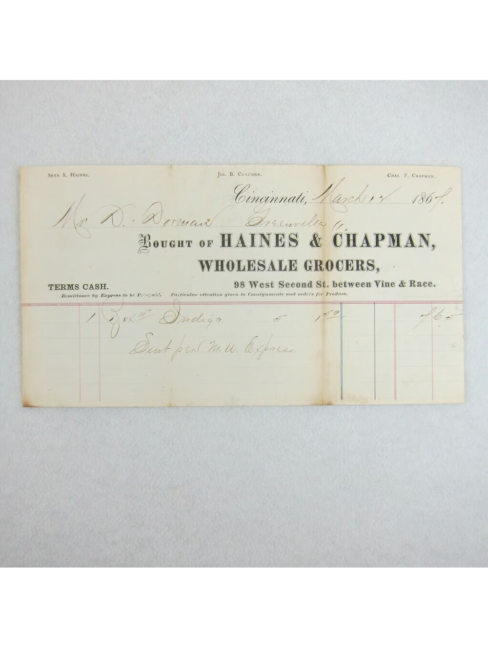 Antique 1867 Haines & Chapman Wholesale Grocer Cincinnati Ohio Receipt Invoice
